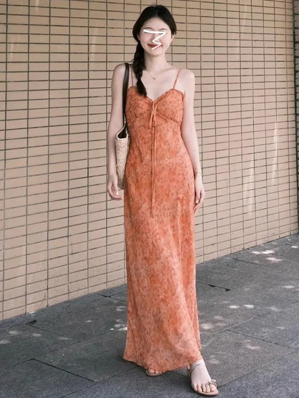 

Elegant Beautiful Beach Vacation Long Dress High Waist Strapless Floral Print Korean Style Commute Wind Summer Dress