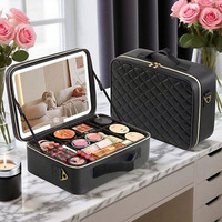 Large Size Travel Makeup Bag With Mirror,Zoned Beauty Manicure Makeup Case,3 Light Color Modes LED-Lit Makeup Mirror