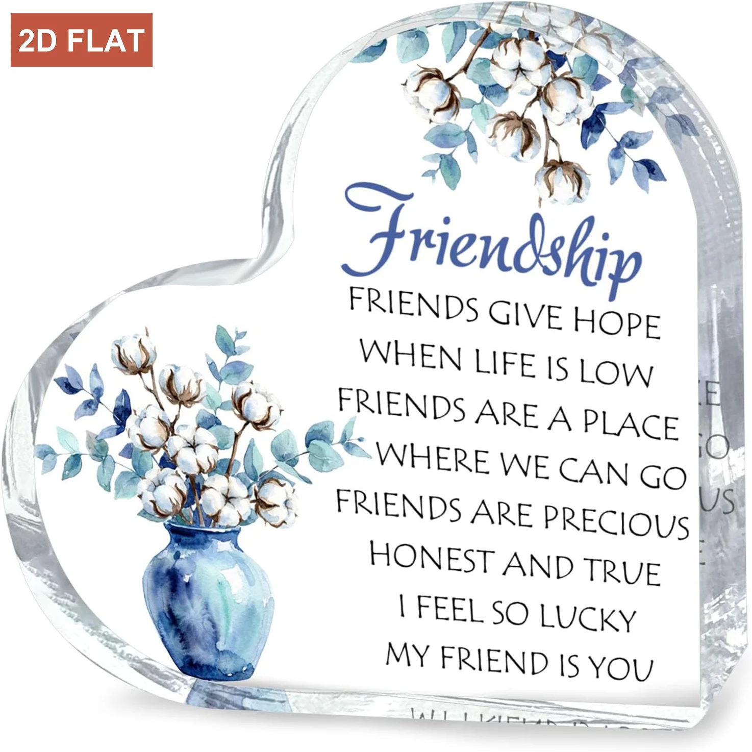 Friendship Heart‑Shaped Acrylic Tabletop Plaque, Blue Vase Cotton Eucalyptus Inspirational Desk Keepsake Gift