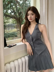 2024 Summer New Style Retro College Style Vest Pleated Skirt Two-piece Set Feminine Hot Girl Fashion Short Skirt