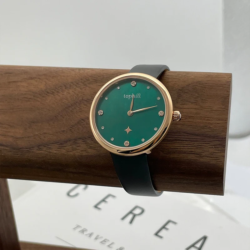 TOPHILL Clear watch Quartz for woman Green face Fashion watches Silky fabric strap 3ATM Sapphire Glass Gift