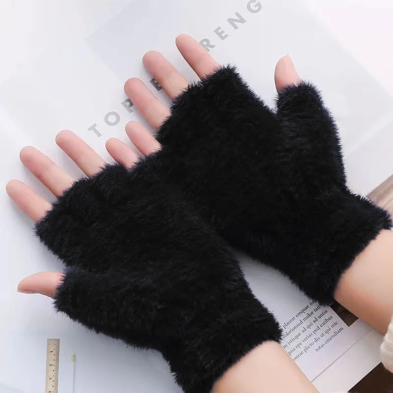 Fuzzy Gloves Women Winter Soft Warm Fashion Writing Gloves Office Typing Student Solid-Color Minimalist Ladies Half-Finger Glove