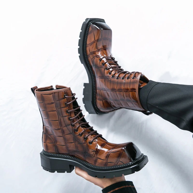 

High Quality Men Comfortable Side Zipper High Top Leather Shoes Fashion Brand Men's Autumn New Square Toe Thick Soled Work Boots