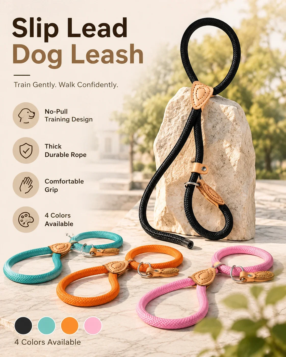 Dog Training P-Chain Leash, Anti-Pull Extended Thick Rope, Non-Slip Comfort Grip for Large Dogs Outdoor