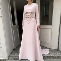 Vestido de noche de lujo con cuello redondo, manga larga, drapeado, rebordear, vestidos de noche modestos para mujer, vestido de fiesta Formal elegante de línea A 2025