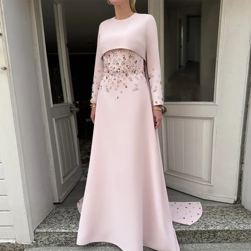 Imagen 1 del producto Vestido de noche de lujo con cuello redondo, manga larga, drapeado, rebordear, vestidos de noche modestos para mujer, vestido de fiesta Formal elegante de línea A 2025