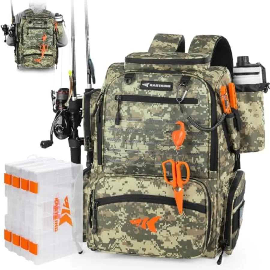 

KastKing Bait Boss Fishing Tackle Backpack with Rod Holders 4 Tackle Boxes Rain Cover 45 43L Large Storage for Fishing Gear