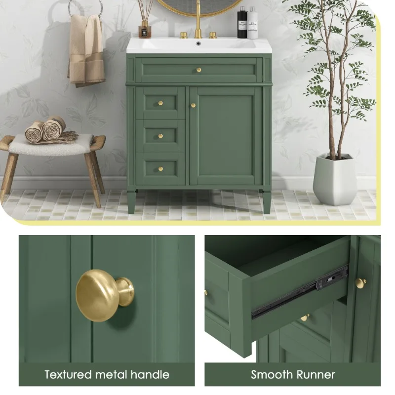Elegant Solid Wood Bathroom Single Sink Vanity Set Green Vanity Cabinet Premium