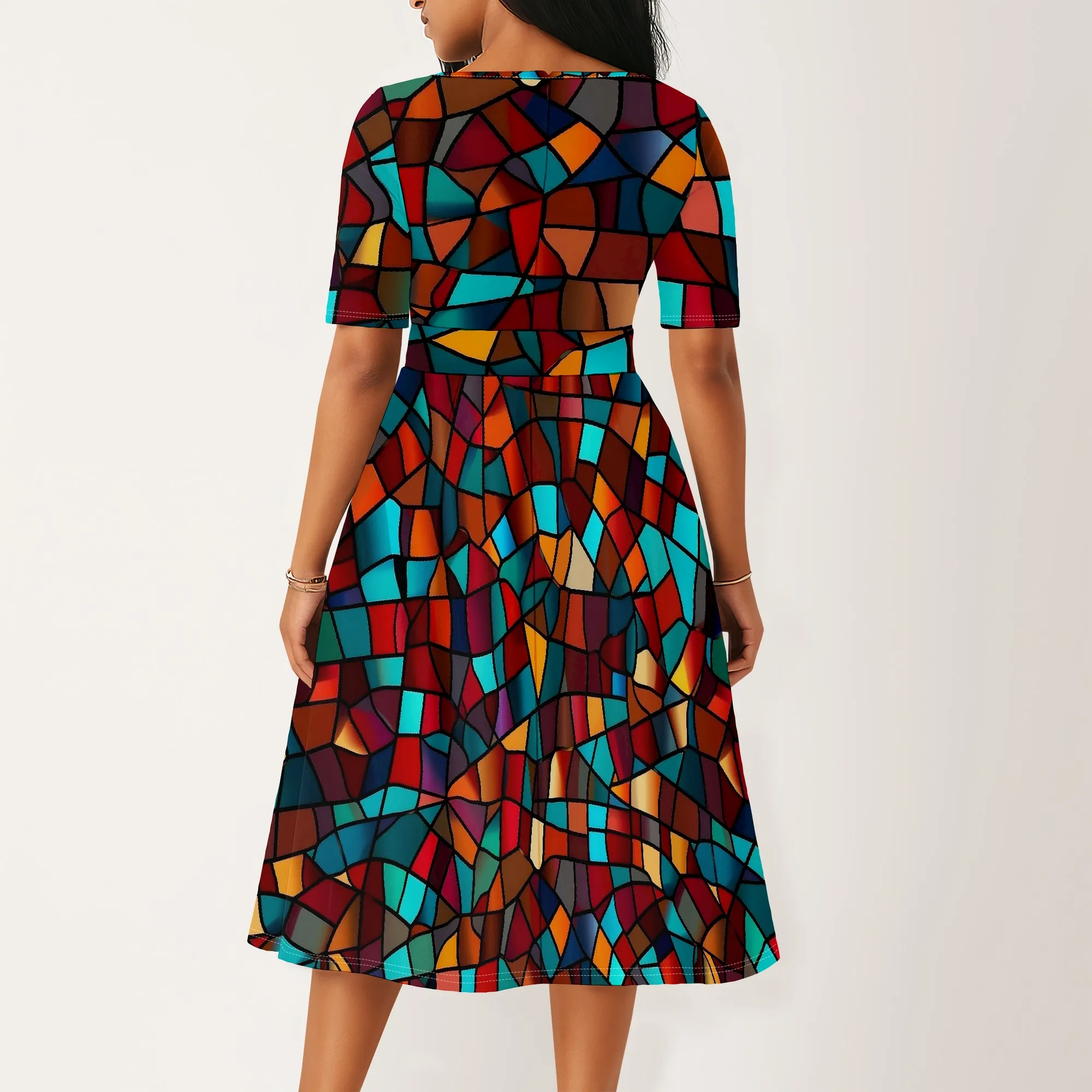 

African Print A-Line Midi Dress for Women 2025 Short Sleeve High Waist Colorful Patchwork Style Church Party Wear XS-3XL