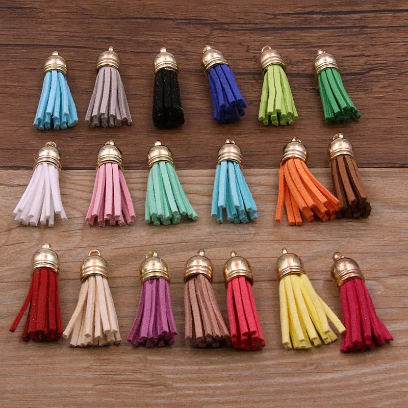 10Pcs 38mm 25 Color Gold Suede Faux Leather Tassel For Keychain Cellphone Straps Jewelry Summer DIY Pendant Charms Finding