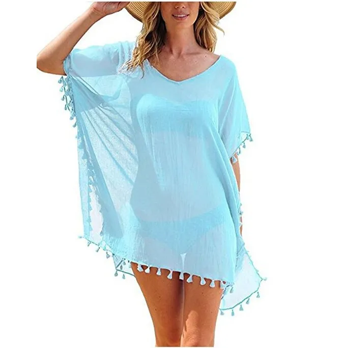 2023 Chiffon Tassels Beach Wear Women Swimsuit Cover Up Swimwear Bathing Suits Summer Mini Dress Loose Solid Pareo Cover Ups