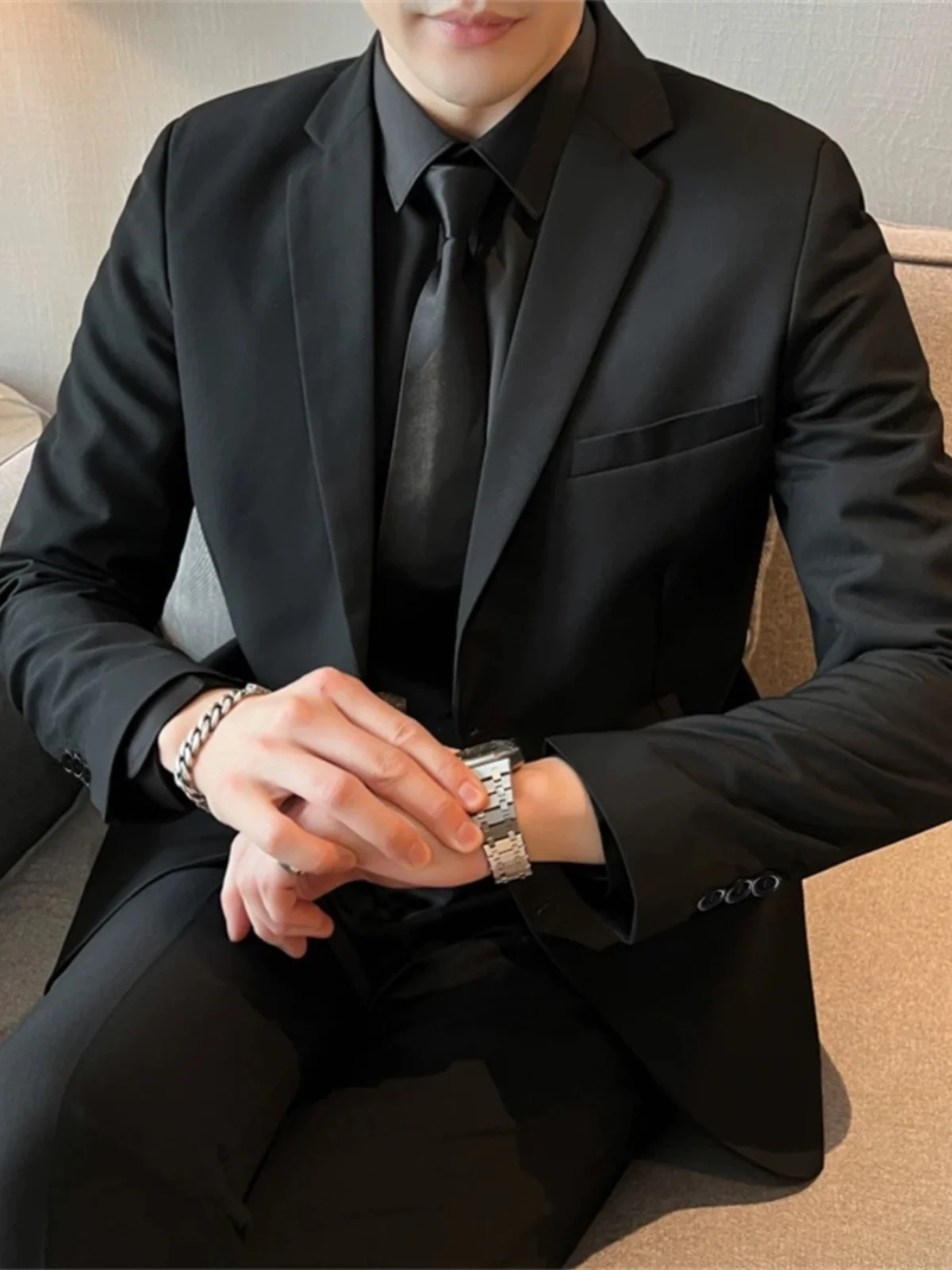 

Slim Fit Men's Busin Suit Set Casual Wedding omsmen Formal Wear Stand Tailoring Long Sve Youth Trend Straight Cut