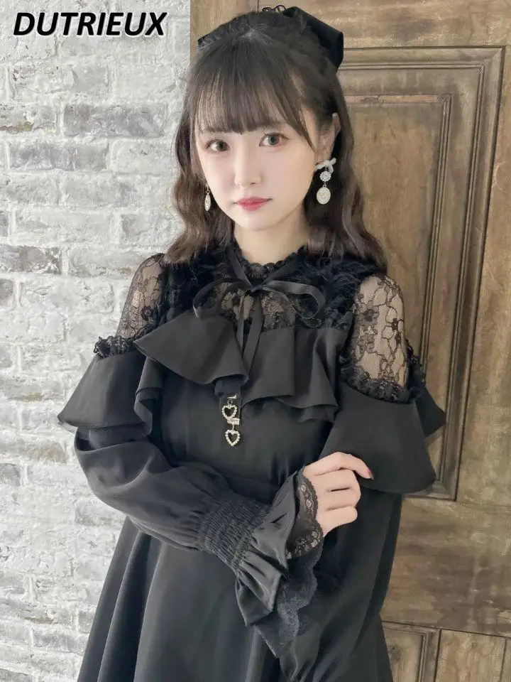 Vestidos de manga larga bonitos y dulces de Color liso para mujer, vestido informal con cuello empalmado y volantes de encaje con lazo y hombros descubiertos para primavera y otoño