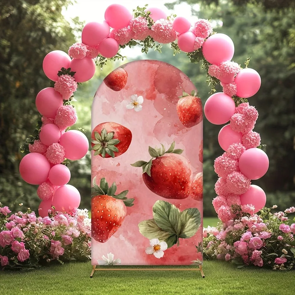 

Custom 2-sided Strawberry Themed Happy Birthday Background Shoot Pink Floral Abstract Texture Photography Arch Backdrop