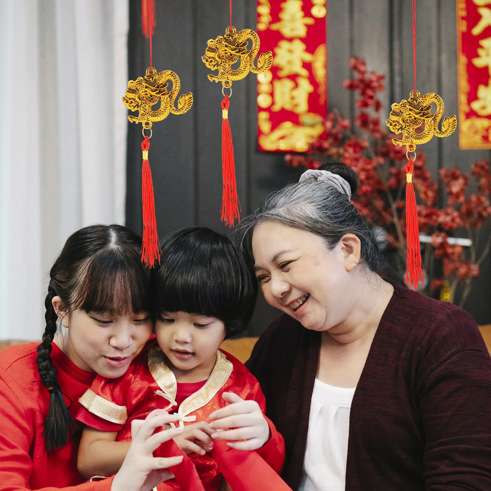 

6pcs Money Tree Hanging Decor Chinese New Year Bonsai Pendant Spring Festival Decorations Tassel Dragon