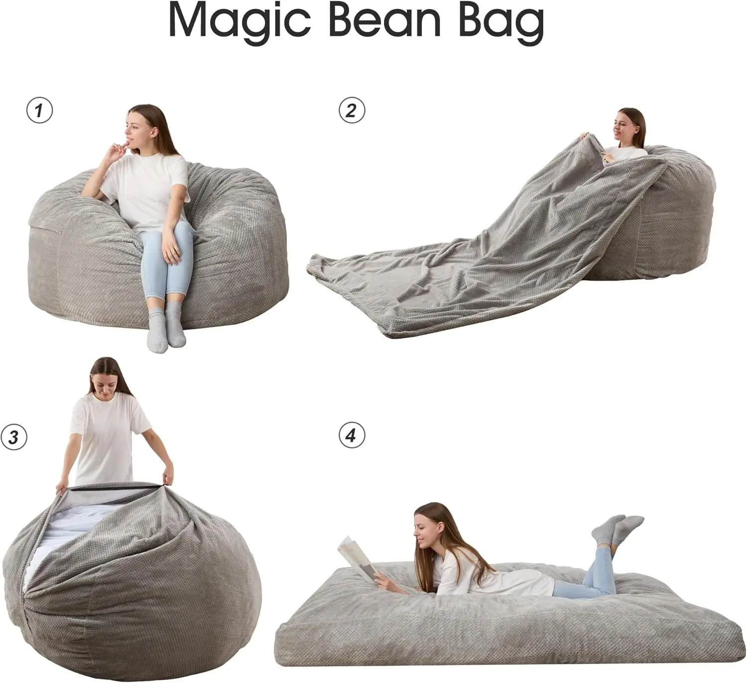 Chenille Bean Bag Chair, Variable Shape from Bean Bag to Matress, Convertible Beanbag Chair for Home, Living Room(Full, Grey)