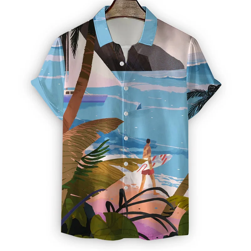 Hawaiian Palm Trees Shirt For Men Summer Beach Vacation 3d Print T Shirts Short Sleeve Tops Cool Street Button Lapel Blouse