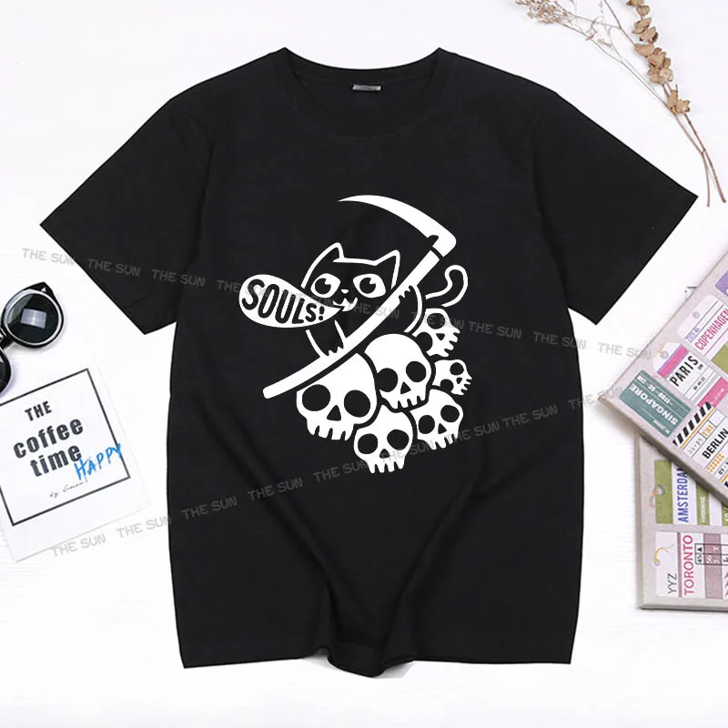 

Cotton Cat Got Your Soul T-Shirt Men Grim Reaper Funny Pure Tee Shirt Round Collar Short Sleeve T Shirts Unique Clothes