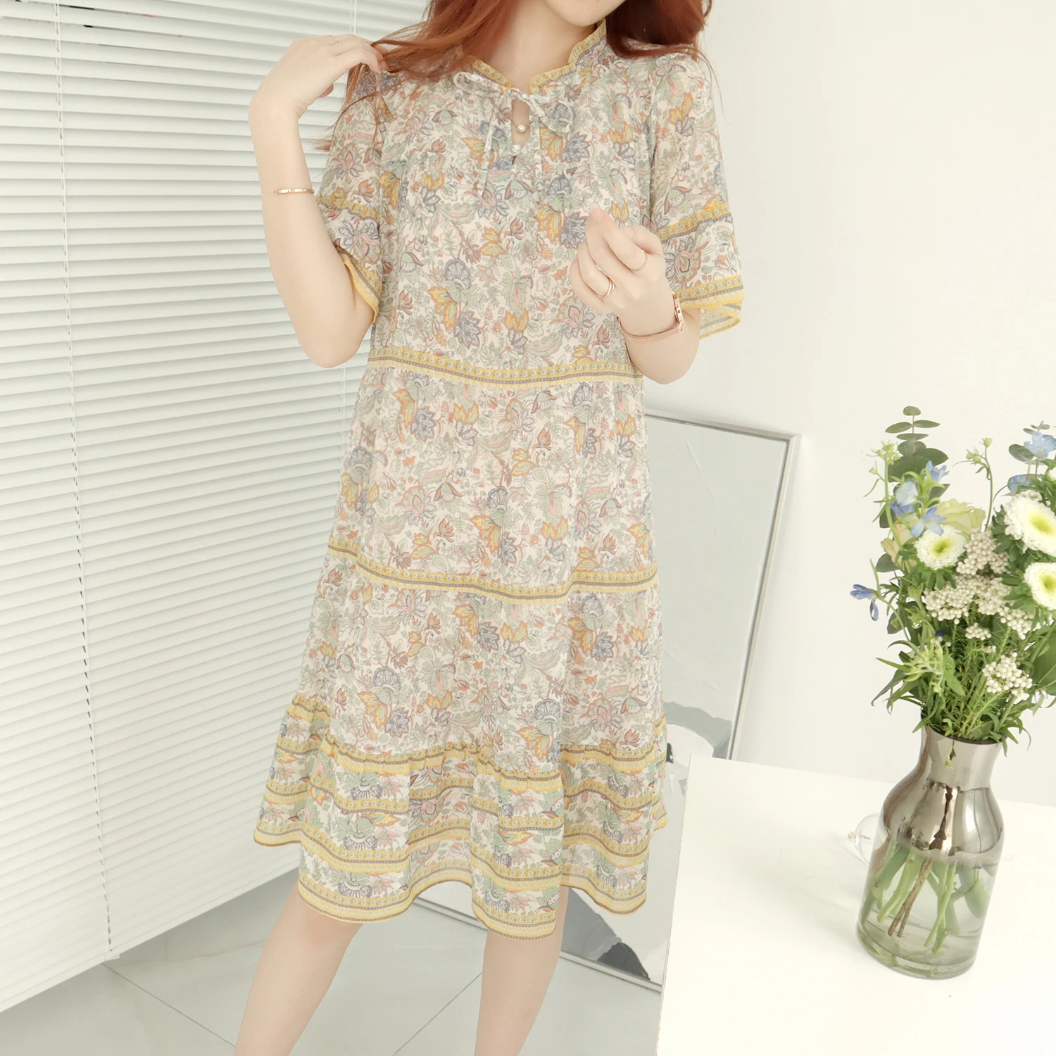 Dr lungo snellente stampato con cintura coreana Sle Pendolarismo floreale impreziosito vita ampia ort Sve Summer Dr
