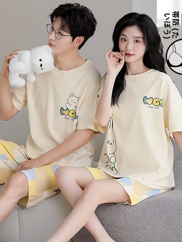 cute-cartoon-cotton-pajamas-couple-sleepwear-short-sleeve-hooded-home-clothes-breathable-summer-outfit-for-men-and-women