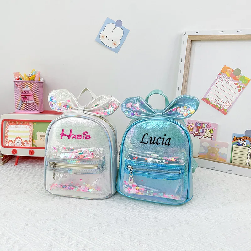 Mochila bordada personalizada con lazo decorativo y confeti para niña, Linda mochila de princesa con lazo, mochila de lentejuelas personalizada