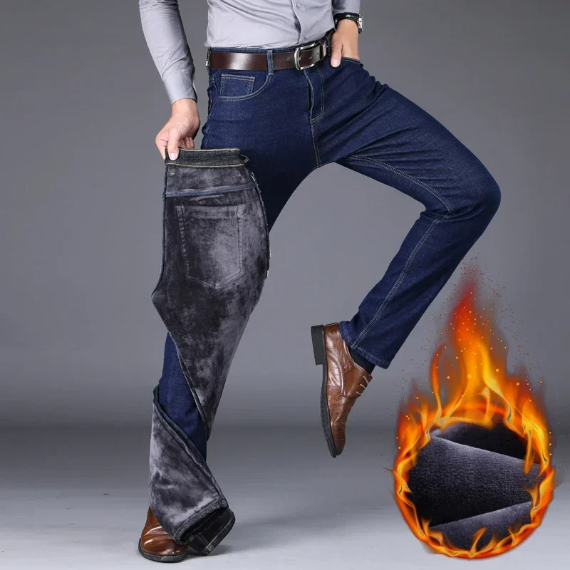 2025 Men\'s Winter Jeans Warm Straight Fit Fleece-lined Warm Denim Pants Male Classic Blue Business Stretch Thick Cowboy Trousers