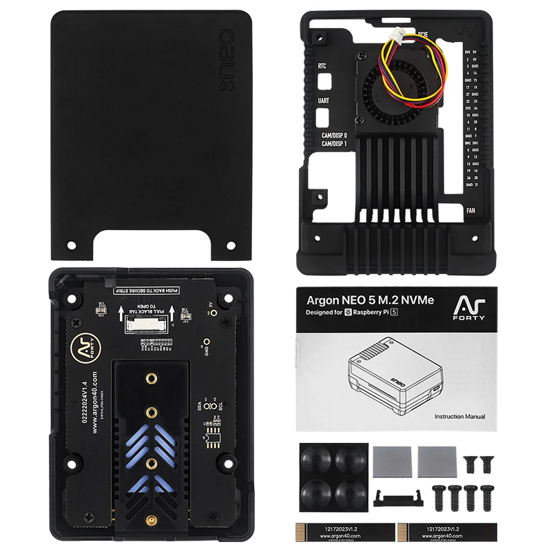 Argon neo 5 m.2 nvme pcie case para raspberry pi 5 dissipador de calor embutido com ventilador pwm para inicialização raspberry pi 5 de uma unidade nvme m.2
