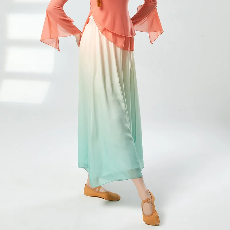 2025, neue klassische Tanzhose für Damen, Chiffon, fließend, weites Bein, Farbverlauf, Ethno-Stil, Tanz-Übungs-Performance-Hose