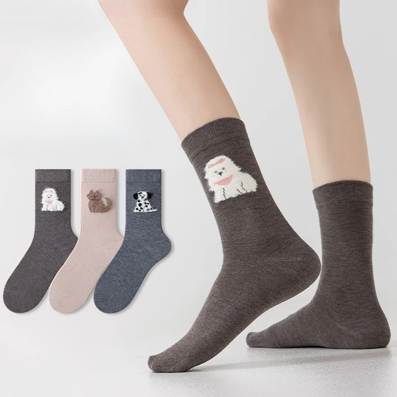 Women's Wool Socks Breathable Sweat Absorbent Ins Style Flocked Cartoon Korean Trendy Mid Calf Slouch Socks Fashionable And Warm