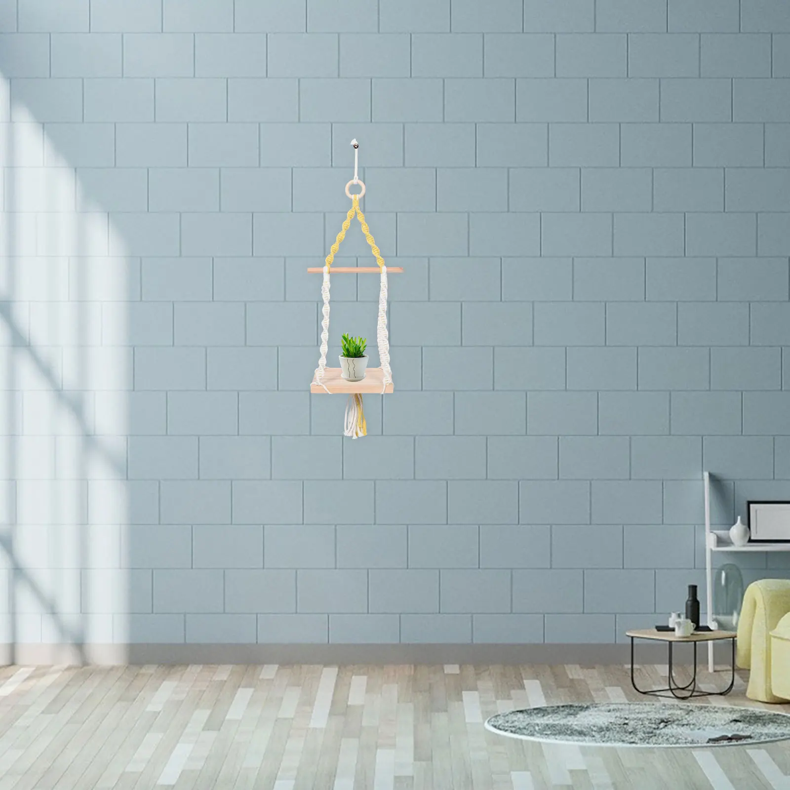 رف معلق على الحائط من حبل القطن: رف تخزين بوهو مصنوع يدويًا من نسيج مكرامية لغرفة المعيشة وغرفة النوم وإطارات الصور على الحائط