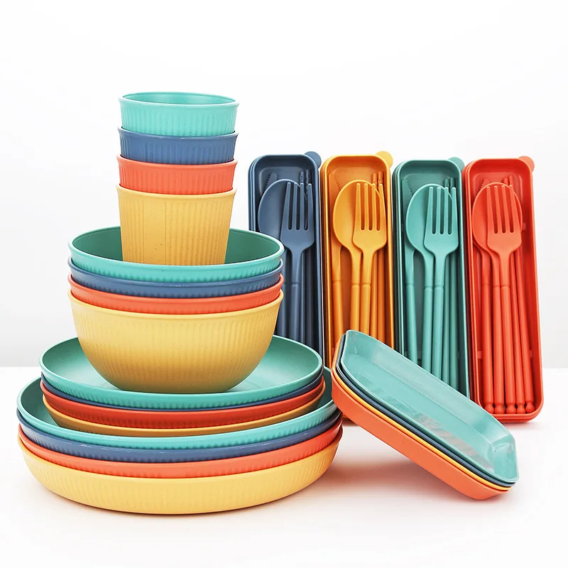 Wheat Straw Soup Bowl Plate Cup Set Picnic Home Camping Portable Knives Forks Chopsticks Tableware캠핑용 나이프와 포크