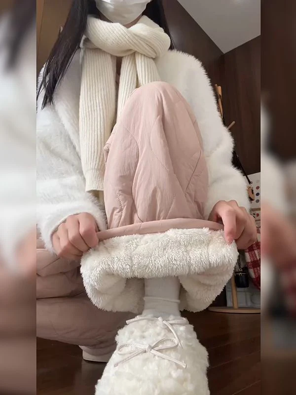 

Extra Thick Lamb Velvet Winter Cotton Pants Women High Waist Wide Leg Pants Fleece Lined Cold Proof Lazy Pants Casual Style
