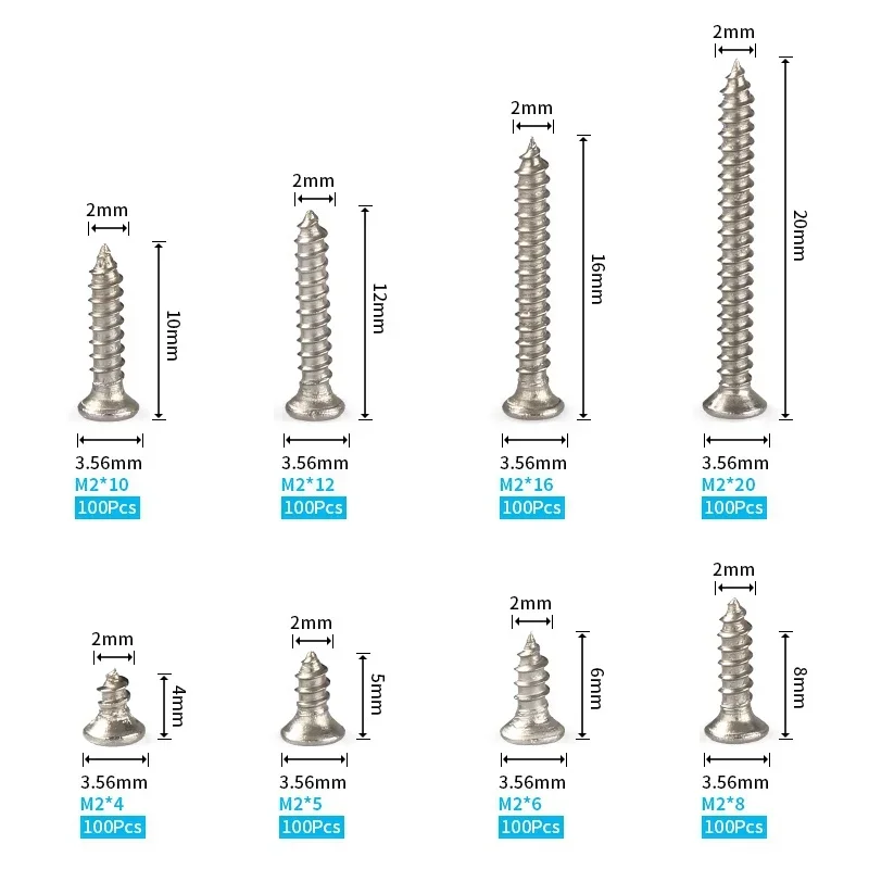 800pcs M2 Self Tapping Screws Carbon steel nickel plated Ultrathin Cross Phillips Ultra Thin Flat Head Self Tapping Wood Screw