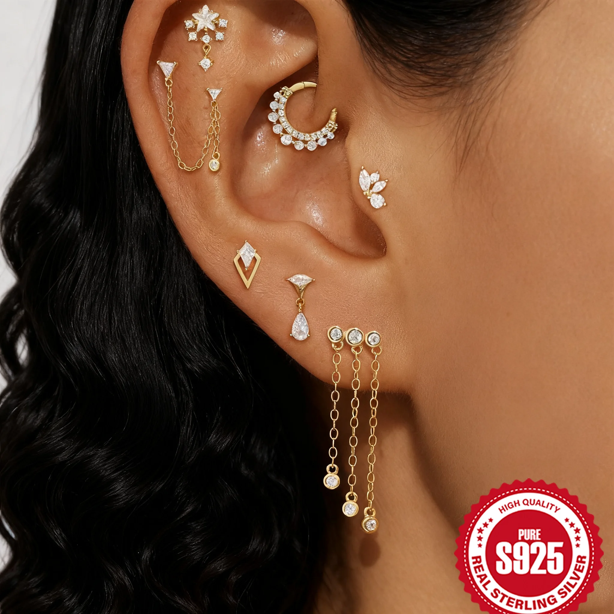 

AIDE 925 Sterling Silver Star WaterDrop Shiny Pendant for Women Cartilage Spiral Piercing Earrings Party and Gifts