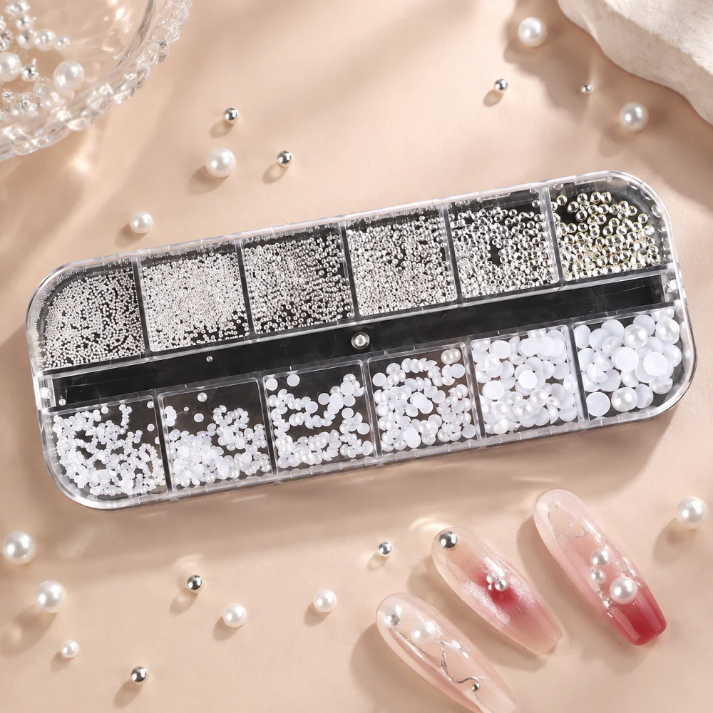 12 Gitter Weiße Halbrunde Perlen Nagelkunst-Dekoration Gemischte Größen Silber Gold Mini Stahlkugel Nieten Strass Nagelzubehör – Detail 8