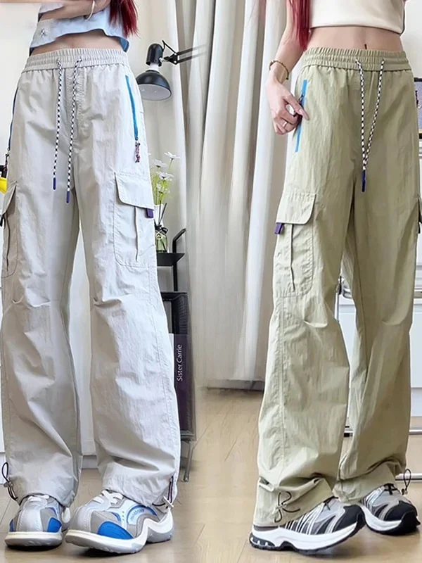 

Быстросохнущие летние тонкие мужские повседневные брюки прямого кроя, свободные широкие брюки для пар, спортивные брюки для отдыха, модные брендовые брюки с множеством карманов