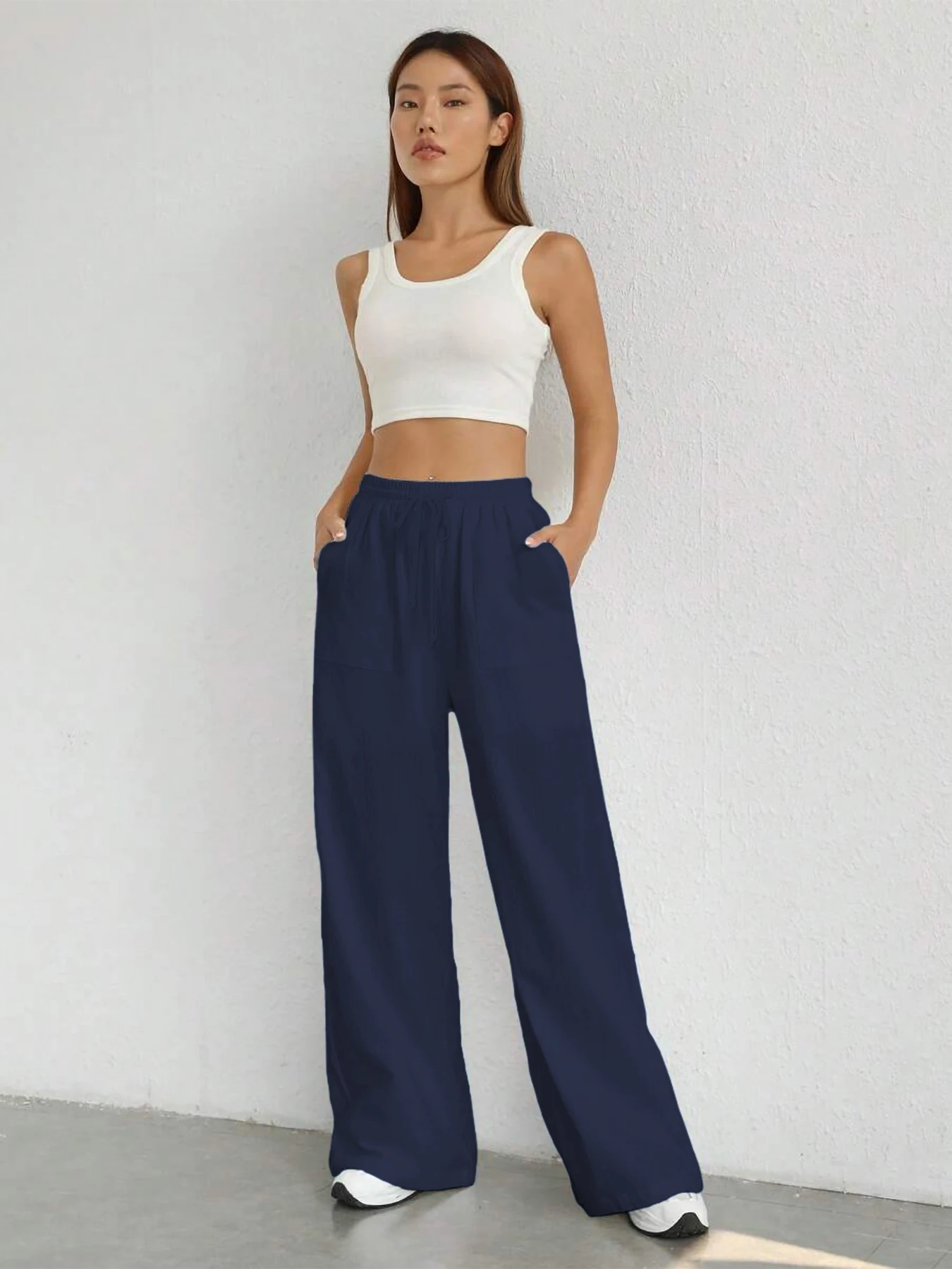 Damen-Hose in Unifarbe, lockere Hose mit weitem Bein, lässige Hose mit Kordelzug, gerade Hose mit Taschen, lässige Hose, lockere Hose mit hoher Taille – Detail 6