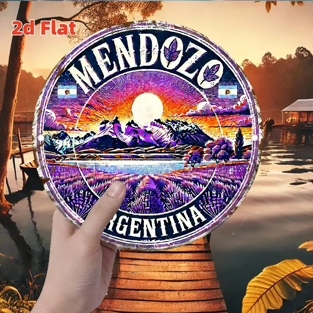 2D plano, 2D plano retro Mendoza Argentina letrero de estaño de metal decoración de pared - Decoración vintage redonda plana 2D con puesta de sol paisaje de montaña