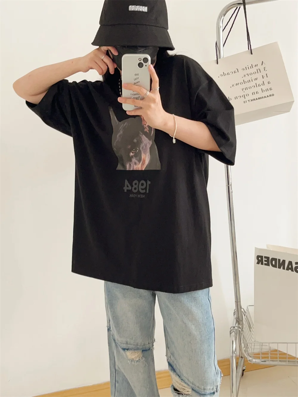 

Aami Dongdaemun Women's Loose Oversize ort Sve T-irt Dog Head Print Casual Top Cotton round Ne Commute Sle