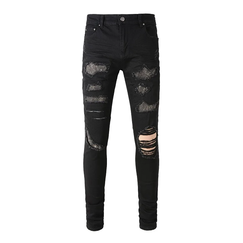 Men Crystal Stretch Denim Jeans Holes Ripped Black Cotton Pants Streetwear Skinny Tapered Trousers