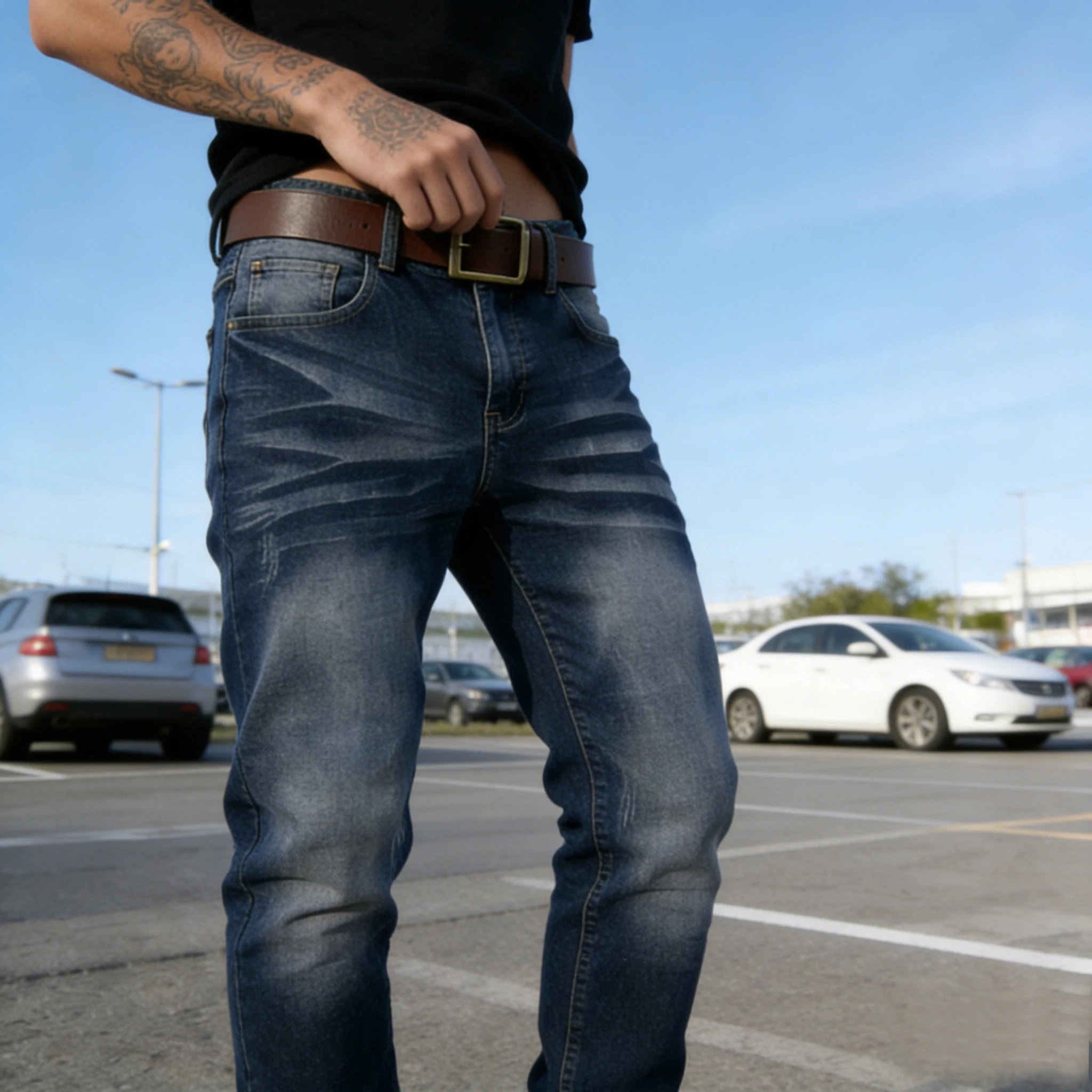 2026 new men's tight jeans with high elasticity and multi craft design, slim fit blue denim pants suitable for all seasons