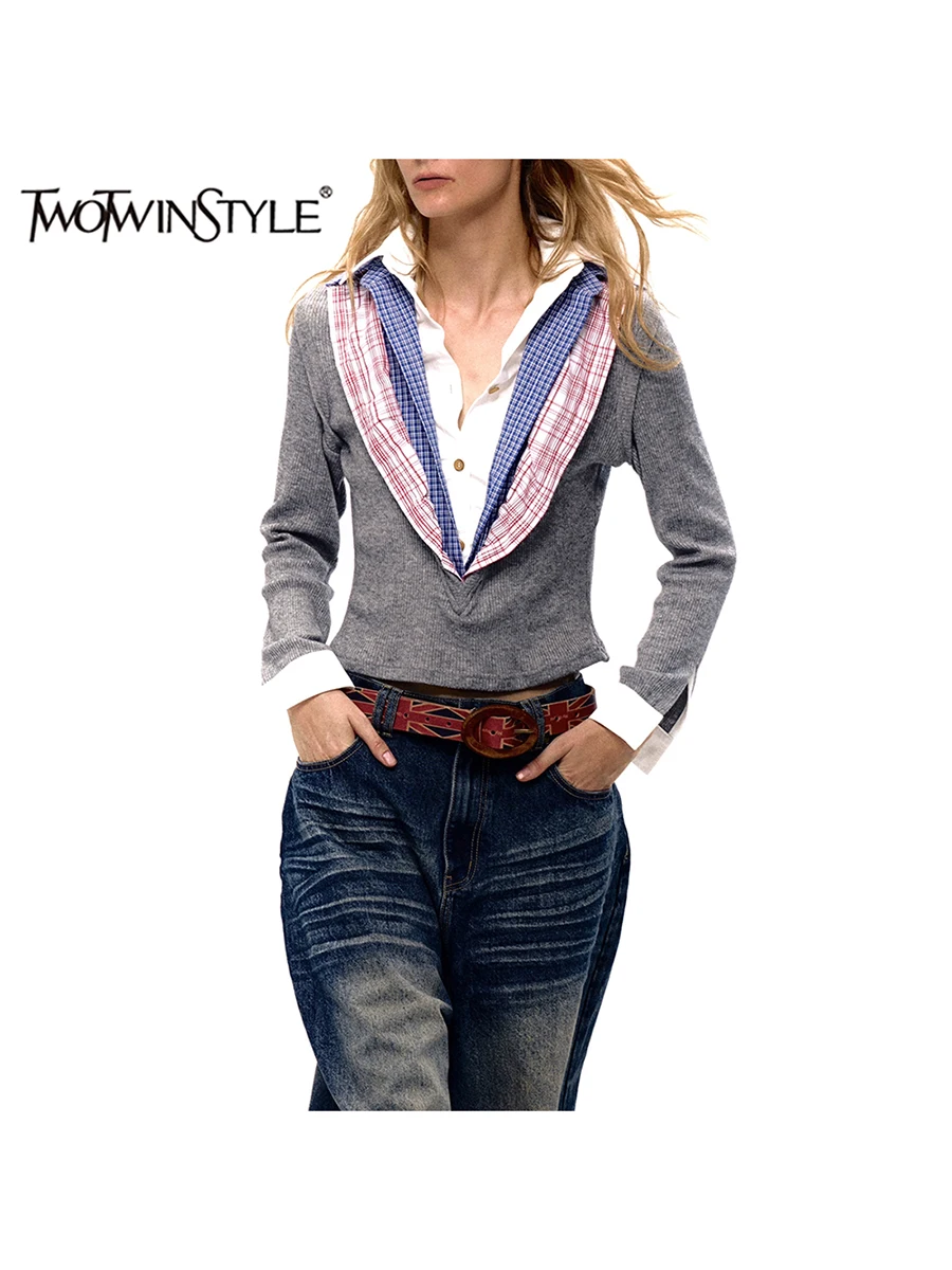 

TWOTWINSTYLE Hit Color Slimming Spliced Plaid Fashion T Shirts for Women Lapel Long Sleeves Patchwork Button T Shirt Female New