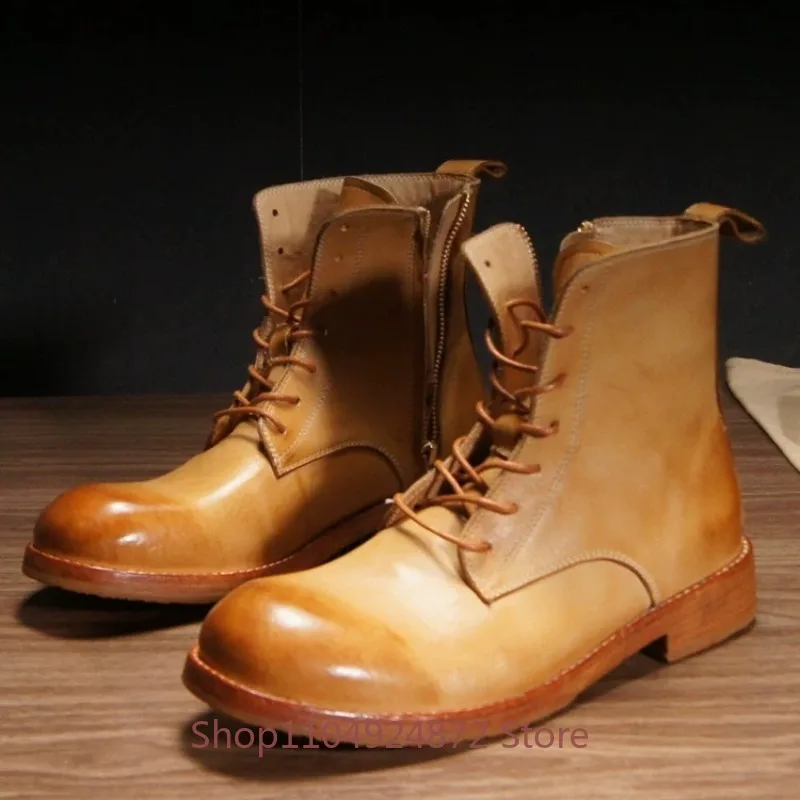 Handmade Retro High Top Lace Up Vegetable-Tanned Leather Boots Men's Washed Side Zipper Genuine Leather Ankle Boots Male Shoes
