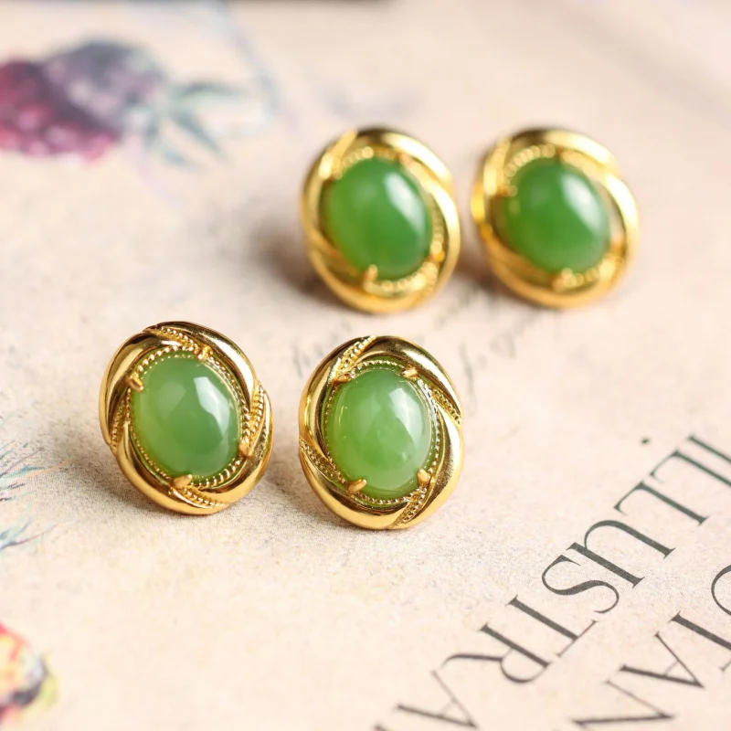 

S925 Sterling Silver Gold Plated Jasper Surface Stud Hetian Jade Women'S Earrings