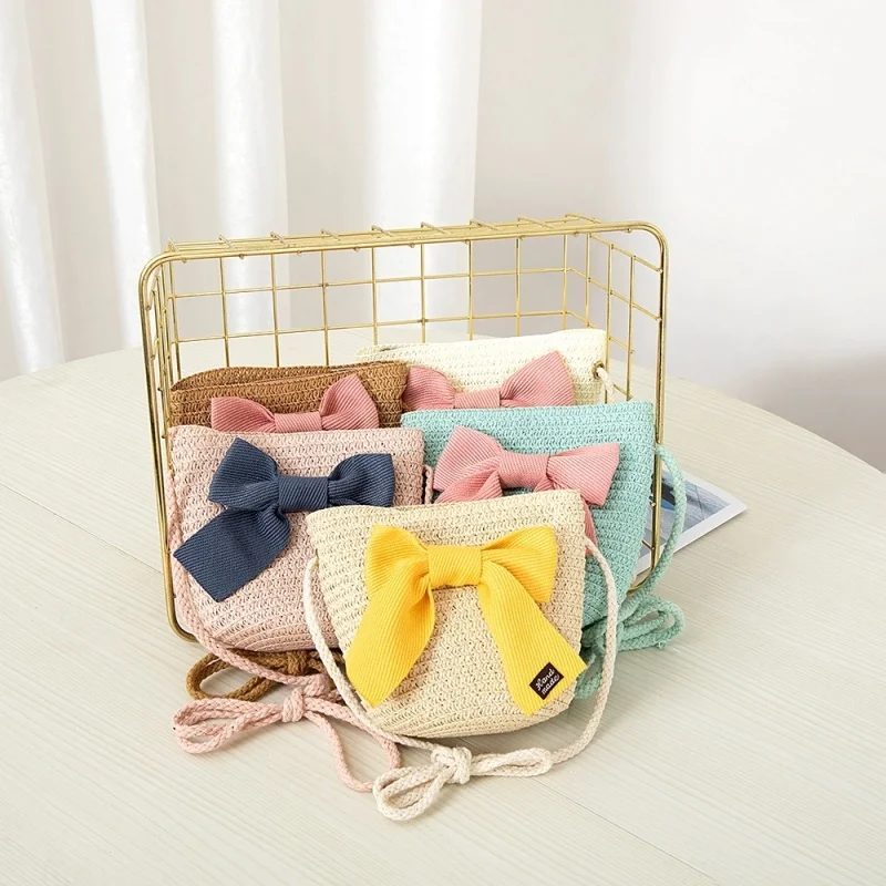 

Cross-body Shoulder Bag For Children Aged 2-8 Years Old Straw Woven Little Princess Handbag Bow Zipper Style Baby Coin Purse