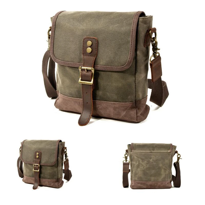 Men Trend Crossbody Bag Large Capacity Shoulder Bag Wax Canvas Leather Pouch Multi-function Outdoor Travel Small Bag