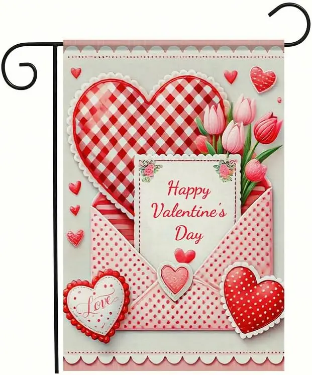 BlissYard Valentine’s Day Garden Flag 12x18 Inch Double Sided Red Plaid Love Tulip Hearts Envelope Design Small Outdoor Yard zzo