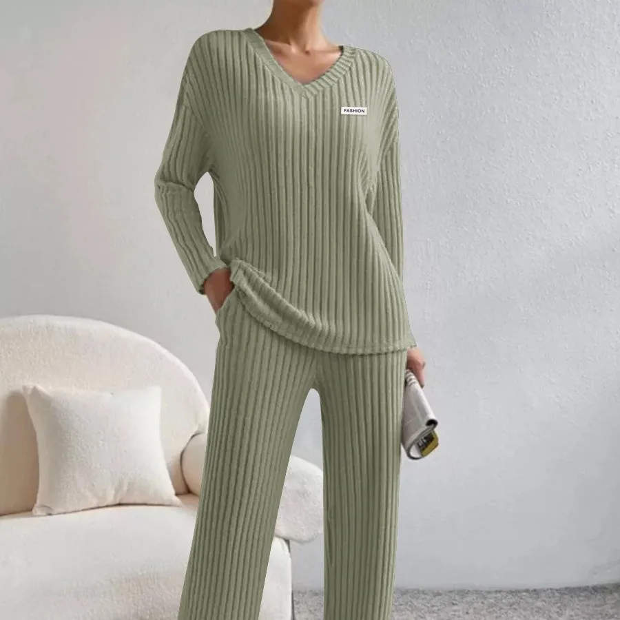 Autumn Winter V-neck Ribbed Knit Suit Long-sleeved Loose Home Wear Trousers Sets Sleepwear 2 PCS  Nightwear Home Clothes