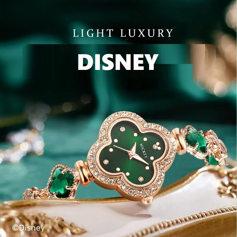 Disney For Women Watch Mickey Mouse Quartz Wristwatch Four Leaf Clover Bling Crystal Girl Lady Lovely Bracelet Relogio Feminino