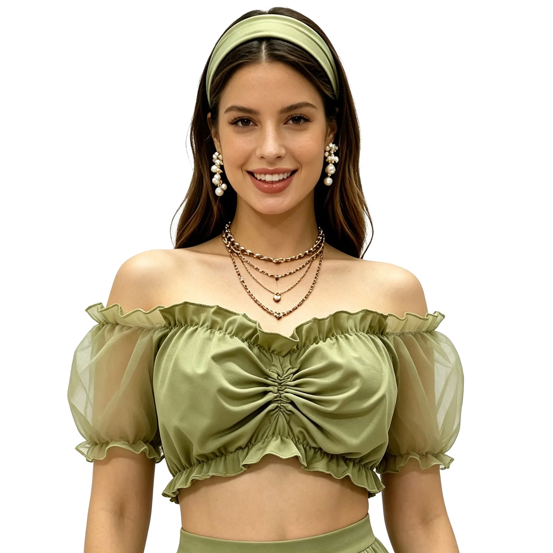 Women's Elegant Off Shoulder Puff Sleeve Mesh Blouse with Ruffle Trim Sheer Organza Sleeve and Flowy Fit for Evening Wear